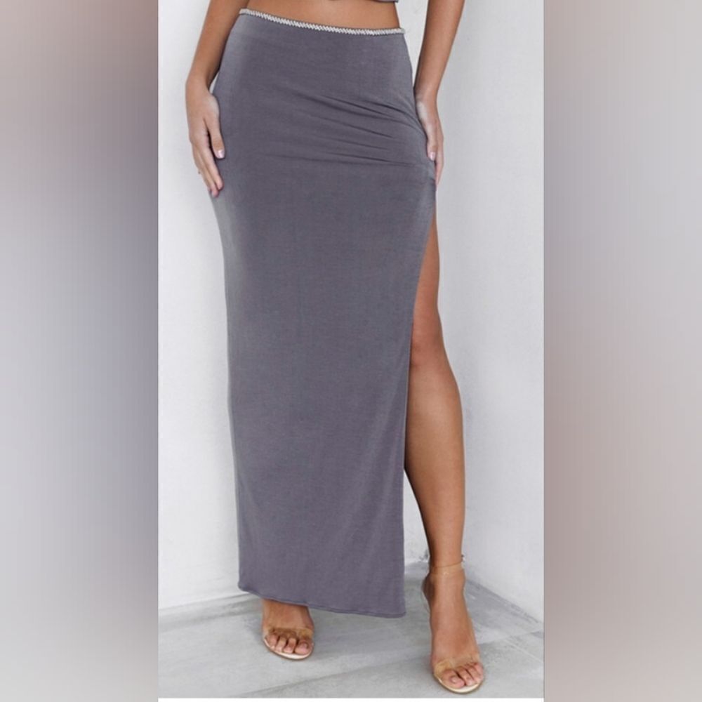 Mistress Rocks Grey Crystal Trim Maxi Skirt NWT size Large